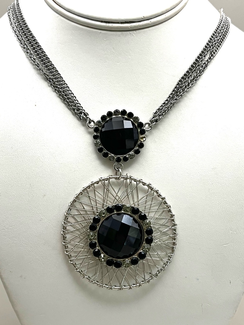Bijoux Terner Silver Tone Black Crystal Statement Necklace | Multi Chain Wire